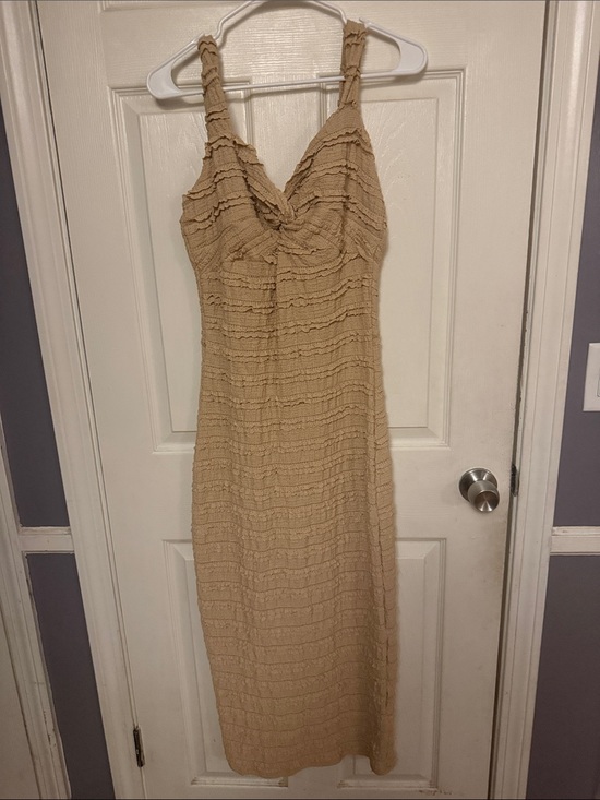 shein.vacay Dresses & Skirts - Textured Tan Sleeveless Midi Dress with V-Neck Twist. Great fabric. Never worn.